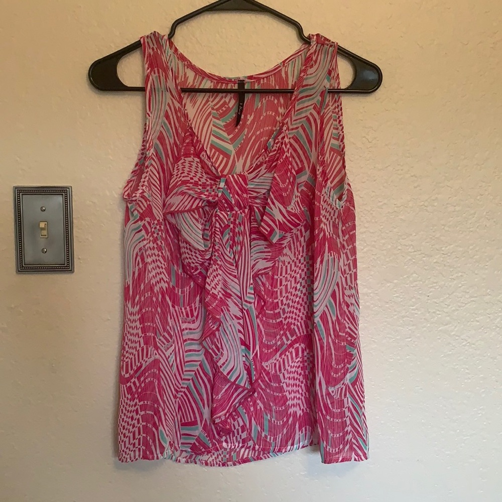 Vibrant pink with mint color print sleeveless sheer top - size small/medium